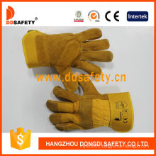 Yellow Cow Split Leather Gloves with Patch Palm Yellow Cotton Drill Back Rubberized Cuff